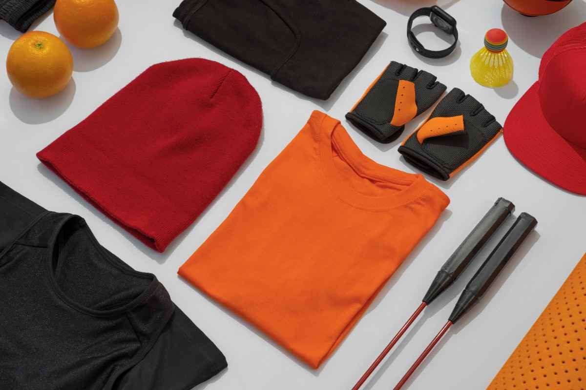 Assorted workout clothing and accessories on display.