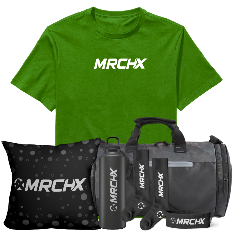 A green "MRCHX" t-shirt, black pillow, water bottle, duffel bag, socks, and wristband.