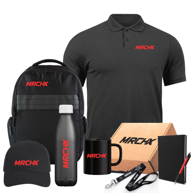A black MRCHX polo, backpack, water bottle, mug, lanyard, notebook, and pen.