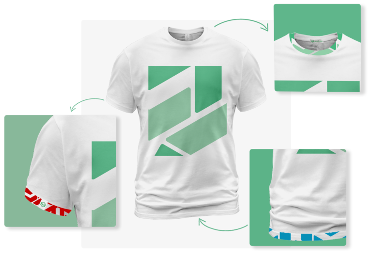 Close-up images of a t-shirt showing design details on different parts.
