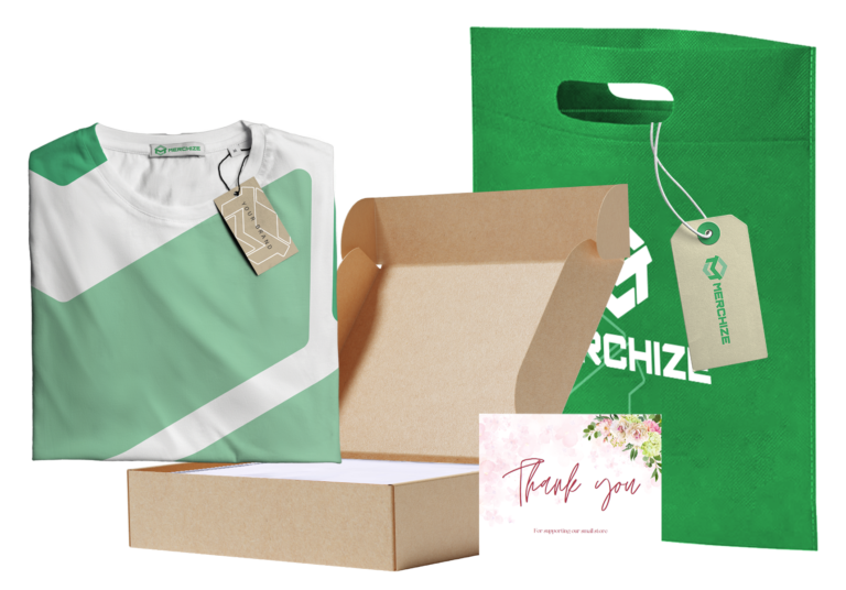 A green shirt, gift box, thank you card, and eco-friendly packaging with branding.
