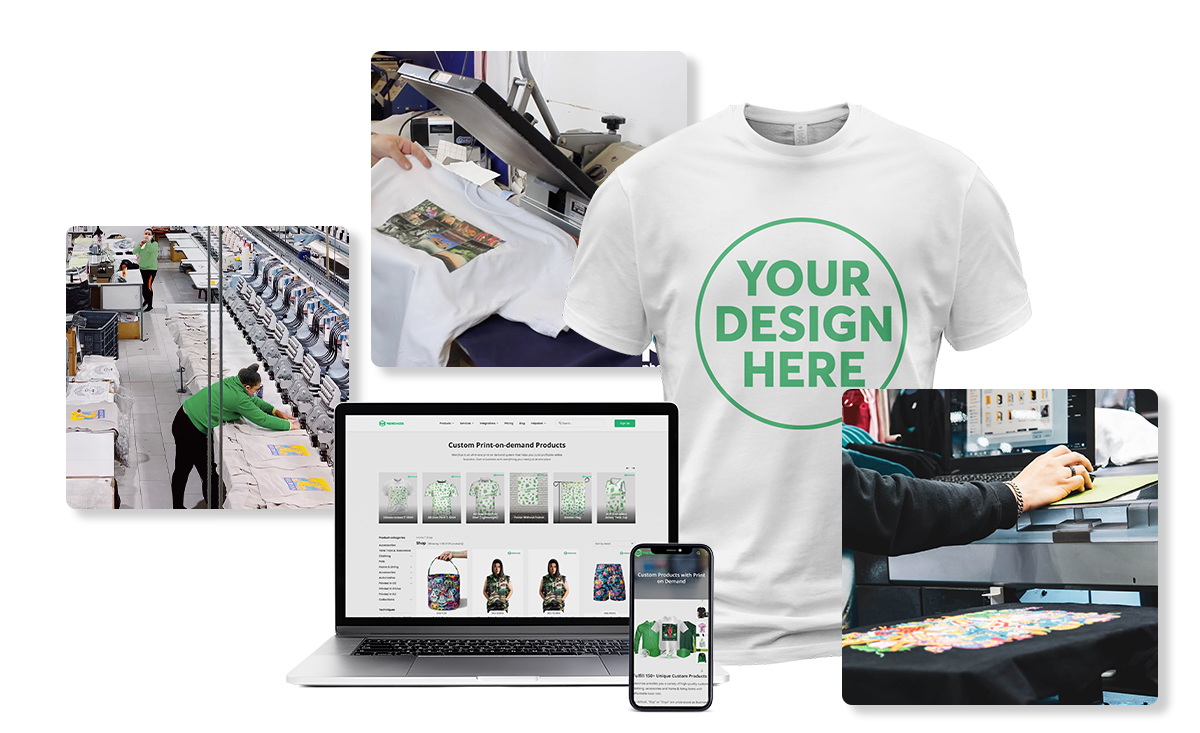 Custom T-shirt printing process with design mockups and production images.