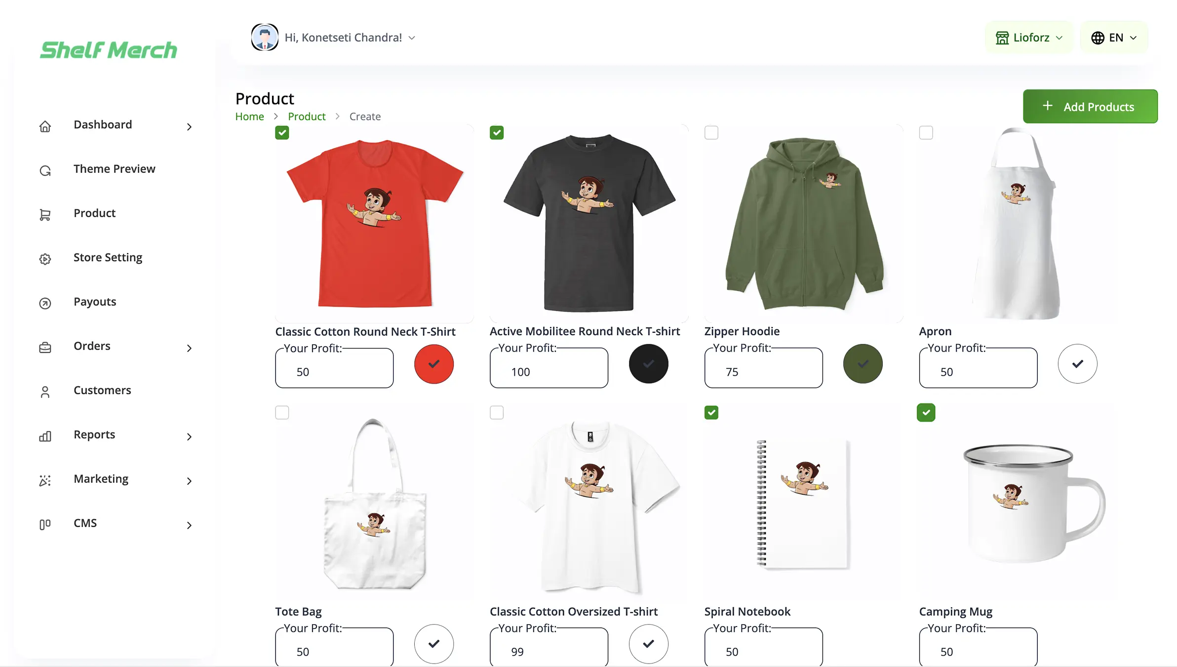 Custom T-shirt printing process with design mockups and production images.