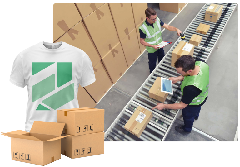 A t-shirt, boxes, and workers sorting packages on a conveyor belt in a warehouse.