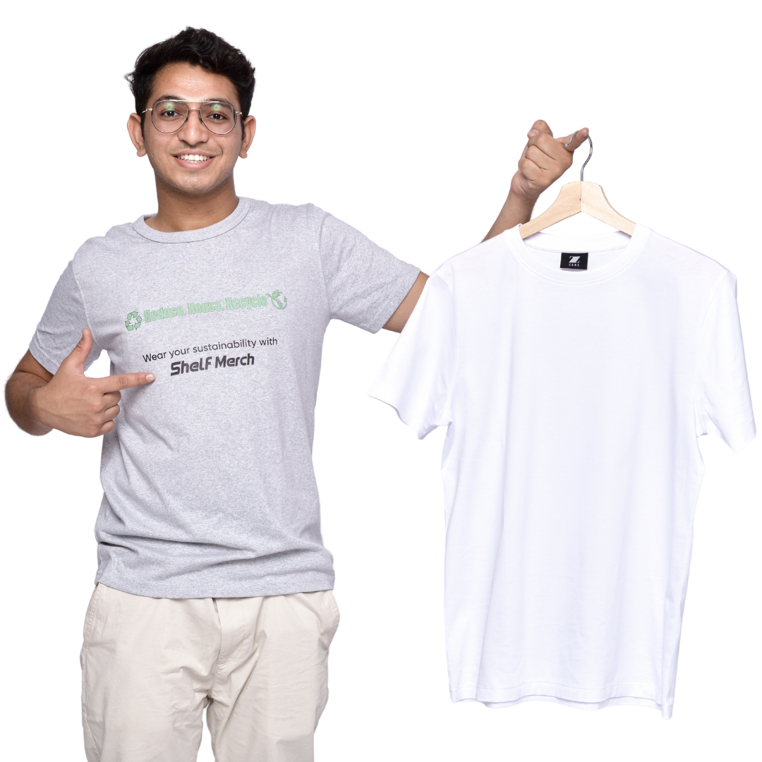 Sustainability and Plain White T-shirt Display Man wearing a grey sustainability T-shirt holding a white plain T-shirt.