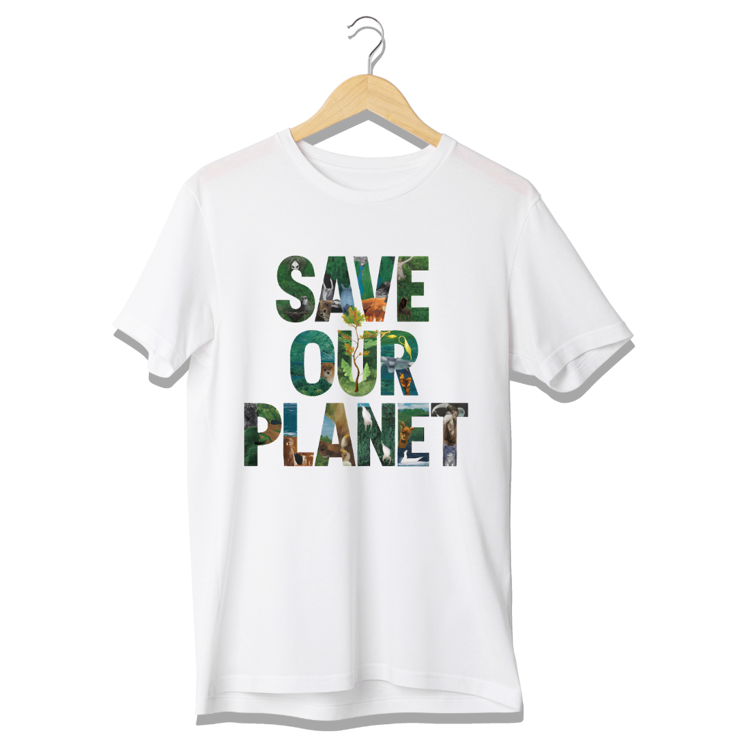 A white t-shirt with the message "SAVE OUR PLANET" in bold letters, featuring images of nature inside the text.