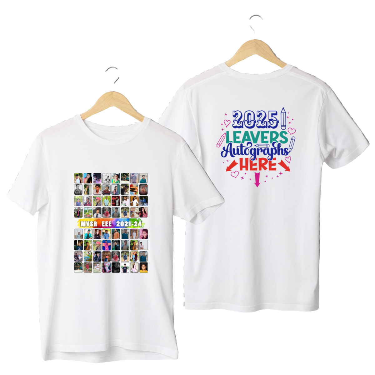 Graduation Signature T-shirt with Photo Collage and Autograph Section Custom Signature T-shirt for graduation with 2021-2024 batch photos and 'Leavers Autographs Here' text on the back.