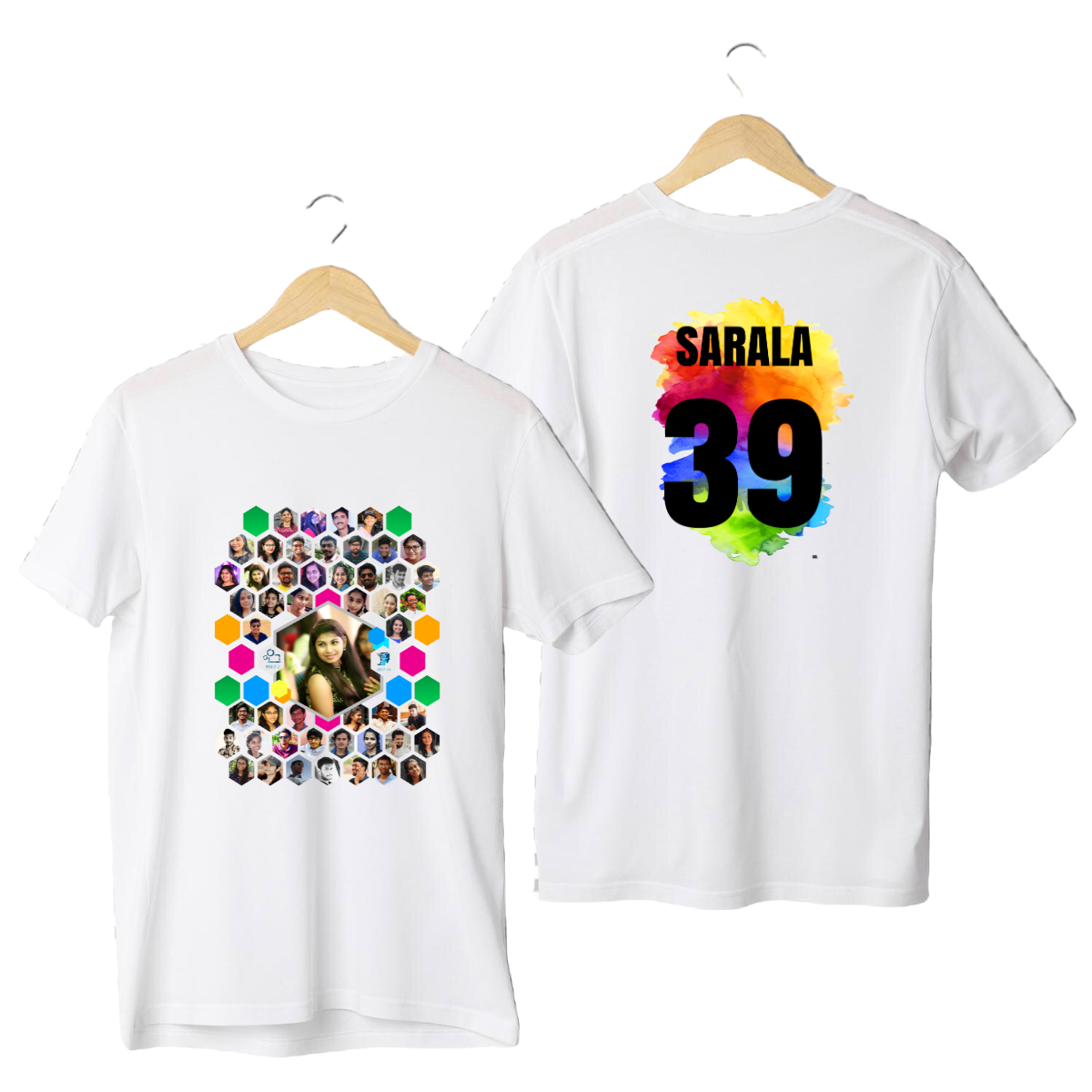 Graduation Signature T-shirt with Hexagonal Collage and Personalized Name & Number Custom Signature T-shirt with hexagonal photo collage and personalized name and colorful number on the back.