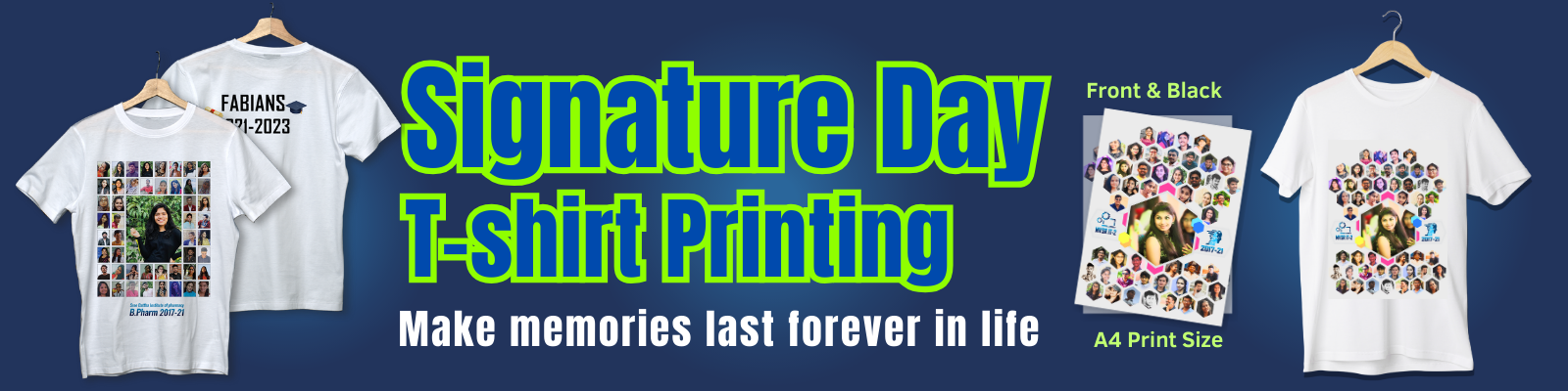 Custom Signature Day T-shirt Printing for Memories Signature Day T-shirt with custom prints for memories, featuring photos and text.