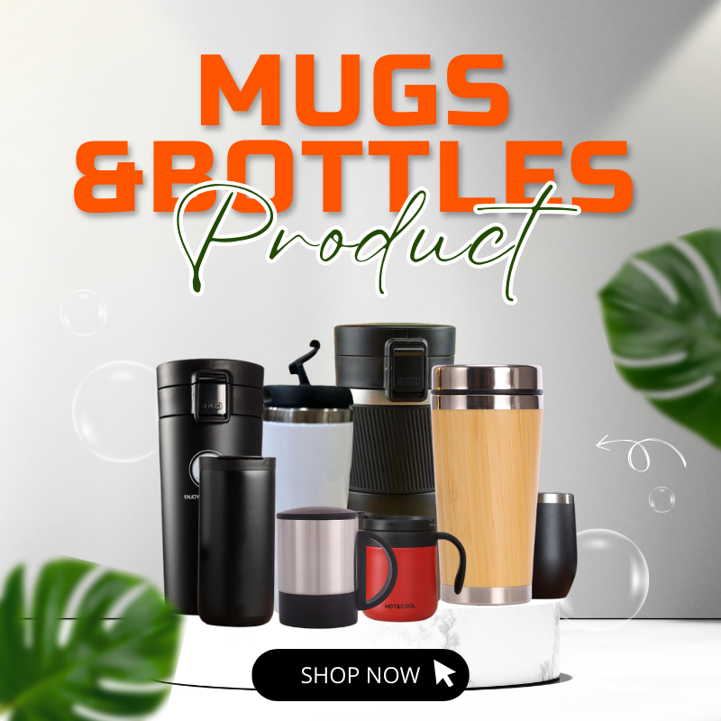 Collection of mugs and bottles with a "Shop Now" button.