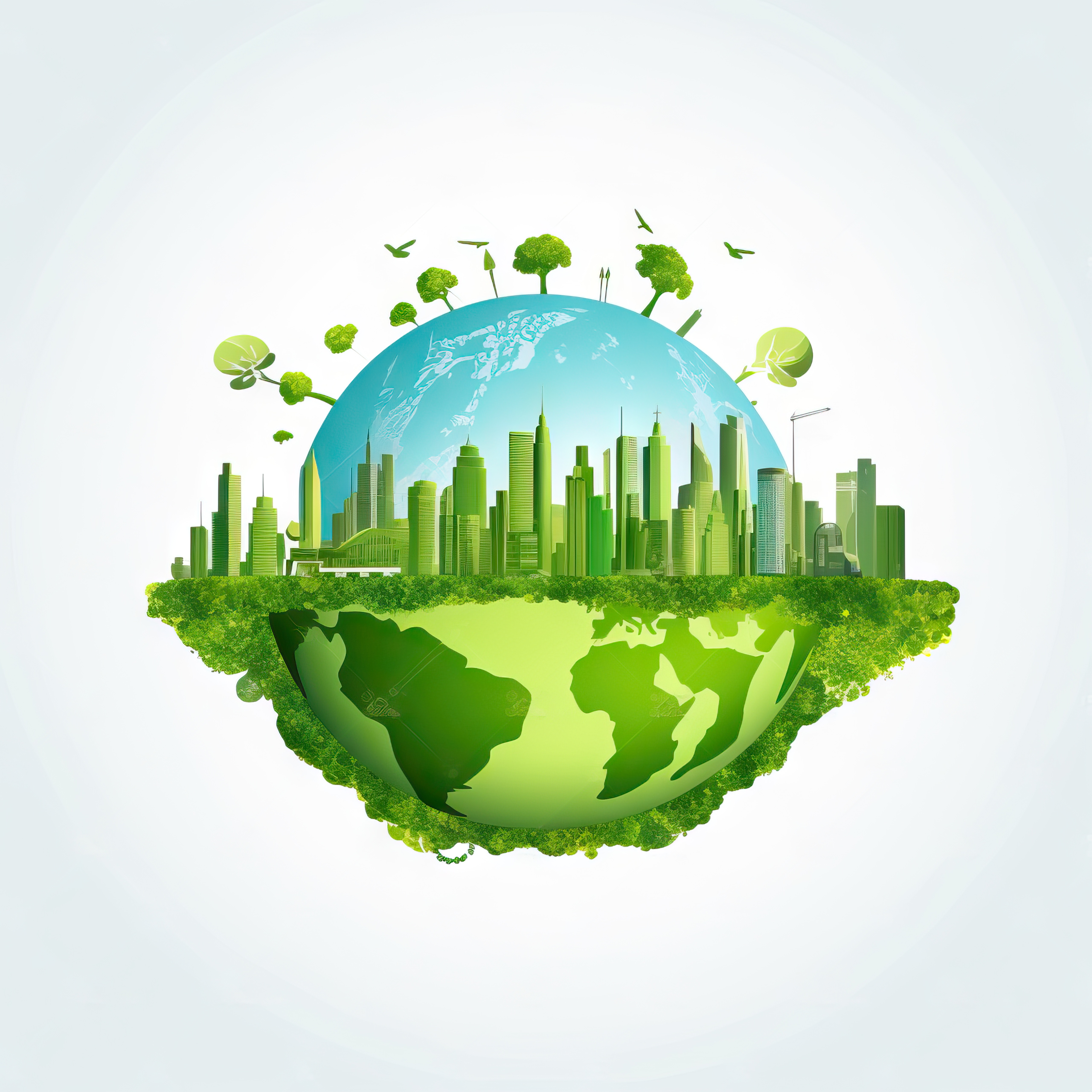 A green, sustainable world with a cityscape blending into nature.