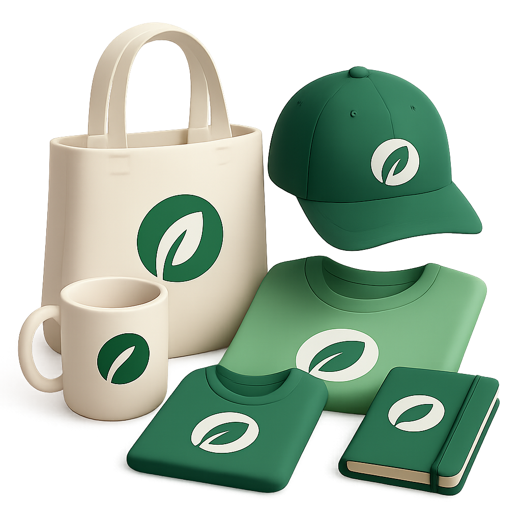 Green polo shirt and MRCHX branded merchandise including a water bottle, bag, box, keychain, and notebook.