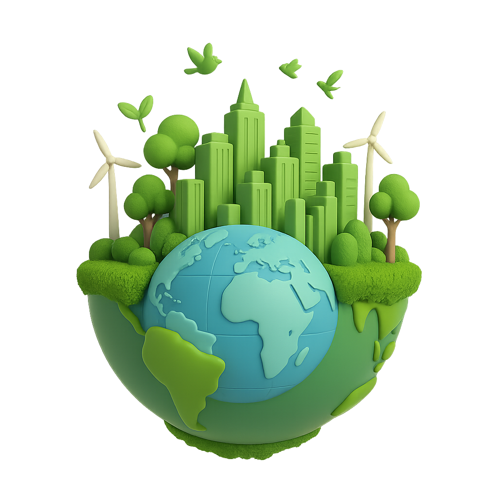 A green, sustainable world with a cityscape blending into nature.