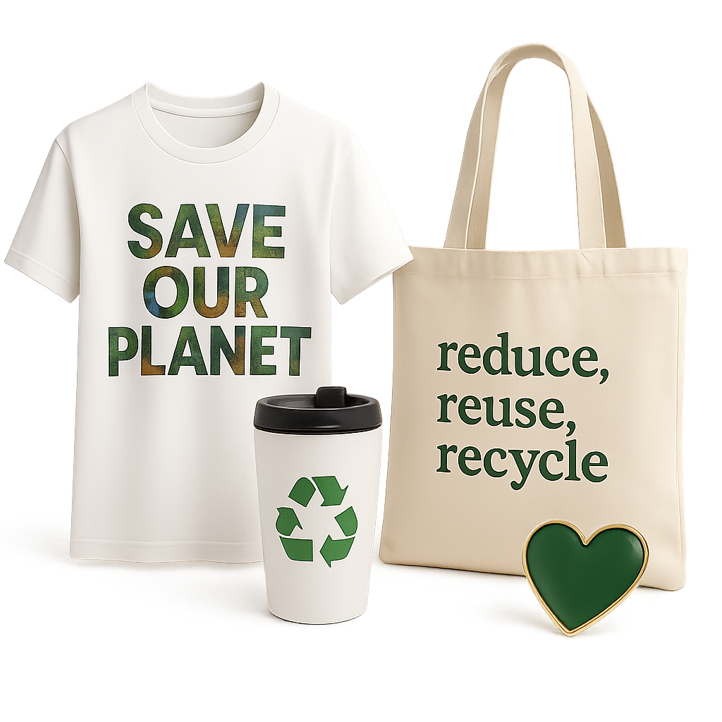A white t-shirt with the message "SAVE OUR PLANET" in bold letters, featuring images of nature inside the text.